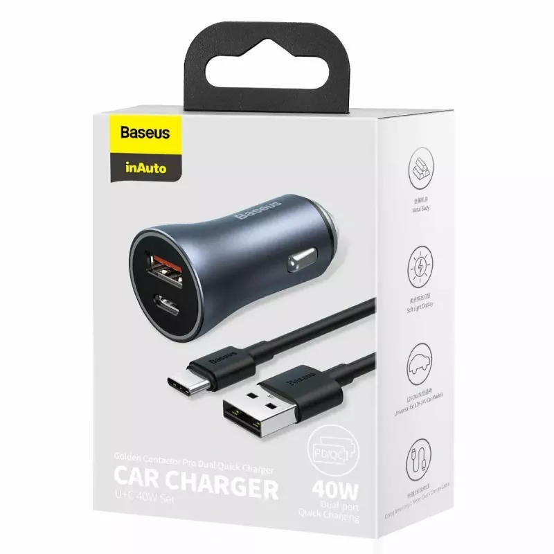 Automobilinis kroviklis Baseus TZCCJD-0G 40W tamsiai pilkas — USB transporto priemonės maitinimo adapteris, 40W išvestis