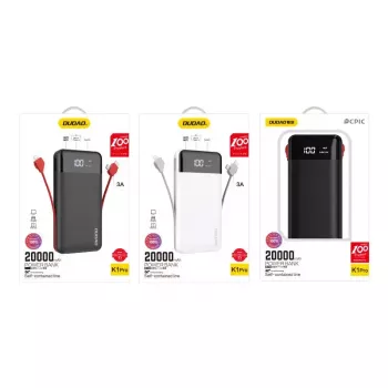 Išorinė baterija Dudao K1Pro 20000mAh 15W su 4 integruotais kabeliais, juoda