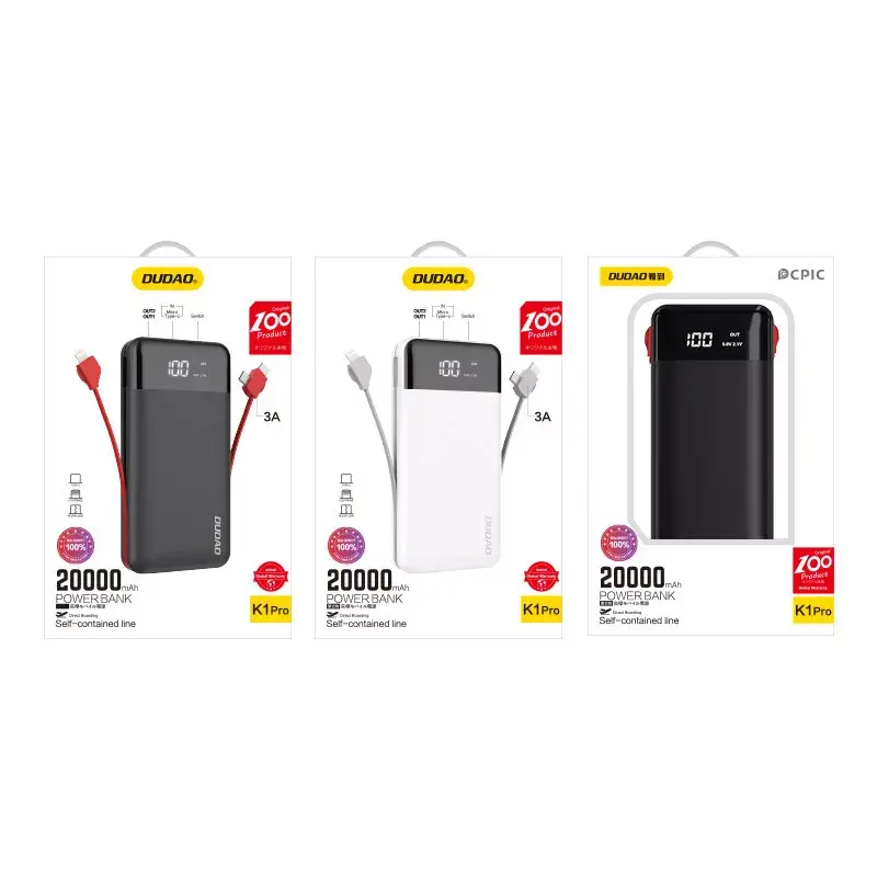Išorinė baterija Dudao K1Pro 20000mAh 15W su 4 integruotais kabeliais, juoda