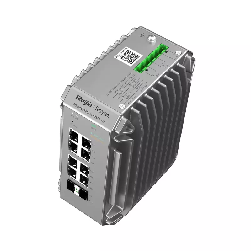 Valdomas L2 tinklo komutatorius Ruijie RG-NIS3100-8GT2SFP-HP — 8× Gigabit RJ-45, 2× SFP, PoE, 12–56 V DC, 20 Gbit/s, 8000 MAC, pilkas