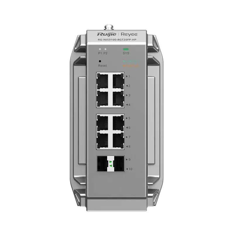 Valdomas L2 tinklo komutatorius Ruijie RG-NIS3100-8GT2SFP-HP — 8× Gigabit RJ-45, 2× SFP, PoE, 12–56 V DC, 20 Gbit/s, 8000 MAC, pilkas
