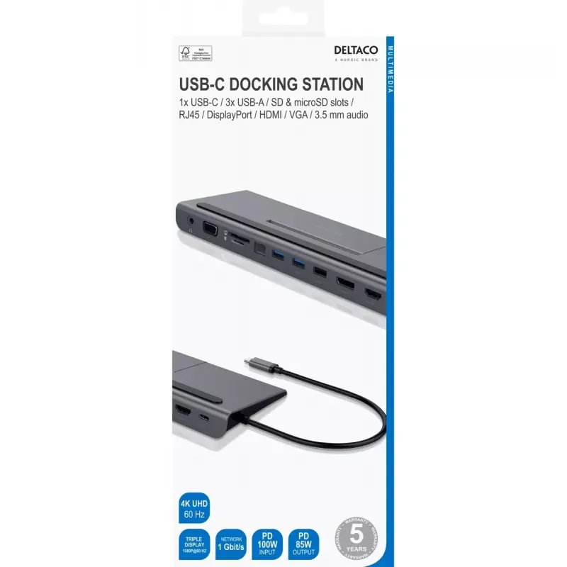 Nešiojamojo kompiuterio dokas Deltaco USBC-DOCK2 laidinis USB 3.2 Gen 1 Type-C pilkas