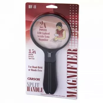Didinamasis stiklas Carson Split Handle HF-11 — 3,5× rankinis didinamasis stiklas, juodas/skaidrus, AAA baterija