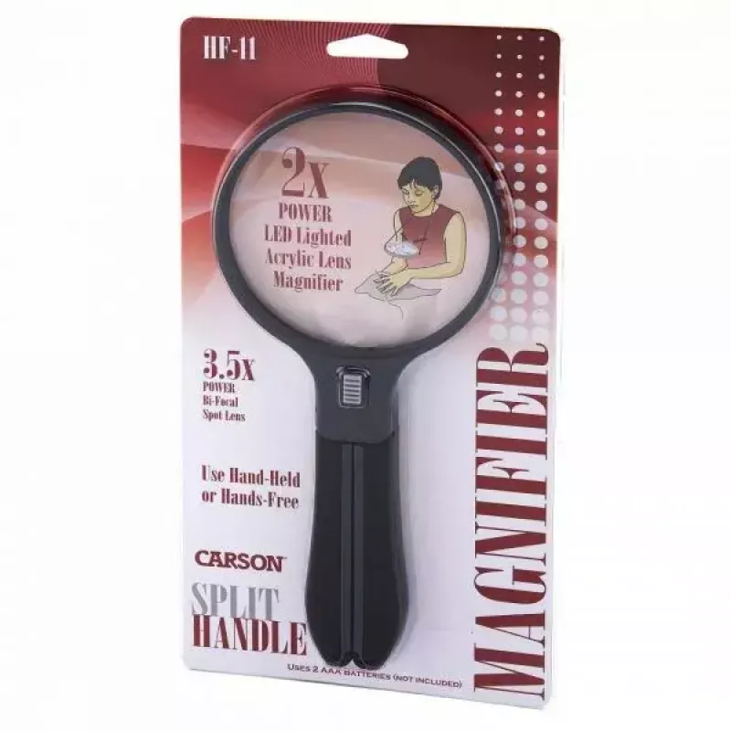 Didinamasis stiklas Carson Split Handle HF-11 — 3,5× rankinis didinamasis stiklas, juodas/skaidrus, AAA baterija