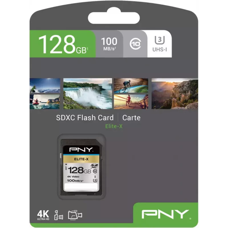 SDXC atminties kortelė PNY Elite-X 128 GB, UHS-I, Class 10, U3, 100 MB/s skaitymas