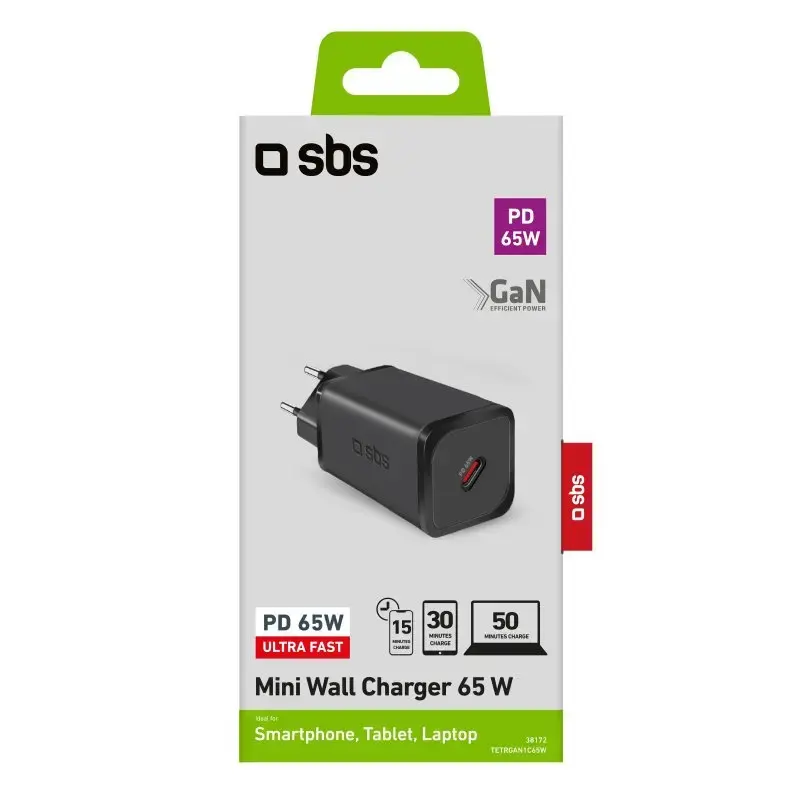 SBS Mobile vidaus kintamosios srovės greitasis įkroviklis TETRGAN1C65W — 100–240V, 1x USB-C, juodas, skirtas išmaniajam telefonui, planšetiniam kompiuteriui, nešiojamajam kompiuteriui, išmaniajam laikrodžiui, ausinėms