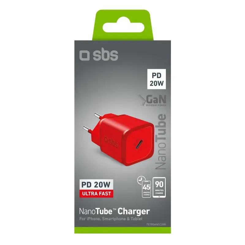 Įkroviklis SBS Mobile TETRGAN1C20R — 20 W USB-C kintamosios srovės patalpų įkroviklis išmaniajam telefonui, planšetiniam kompiuteriui, išmaniajam laikrodžiui, ausinėms (raudonas)