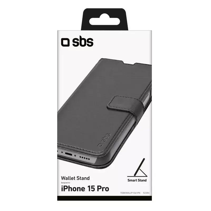Piniginės tipo dėklas SBS TEBKWALIP1561PK, skirtas Apple iPhone 15 Pro 6,1 col., juodas