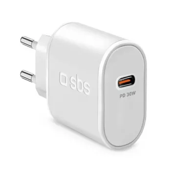 Mobilaus įrenginio įkroviklis SBS Mobile TETR1CPD30 — USB Type-C 1 prievadas, kintamosios srovės, skirtas naudoti patalpose, 100–240 V įvestis, iki 20 V išvestis, balta