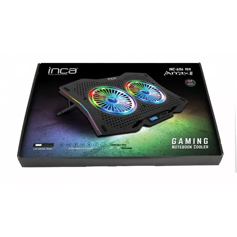 Nešiojamojo kompiuterio aušinimo padėklas INCA INC-606TGS ekranams iki 45,7 cm (18 colių), 2 ventiliatoriai po 11,5 cm, maitinamas per USB, juodas