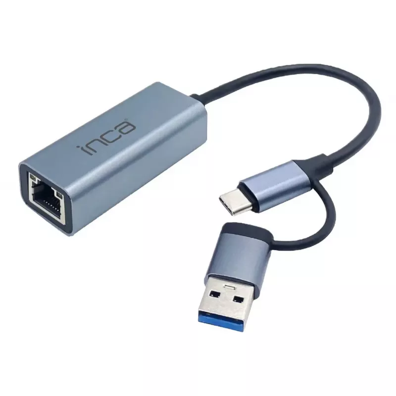 USB šakotuvas Inca IUTP-01TX Type-A Type-C Gigabit Ethernet mėlynas