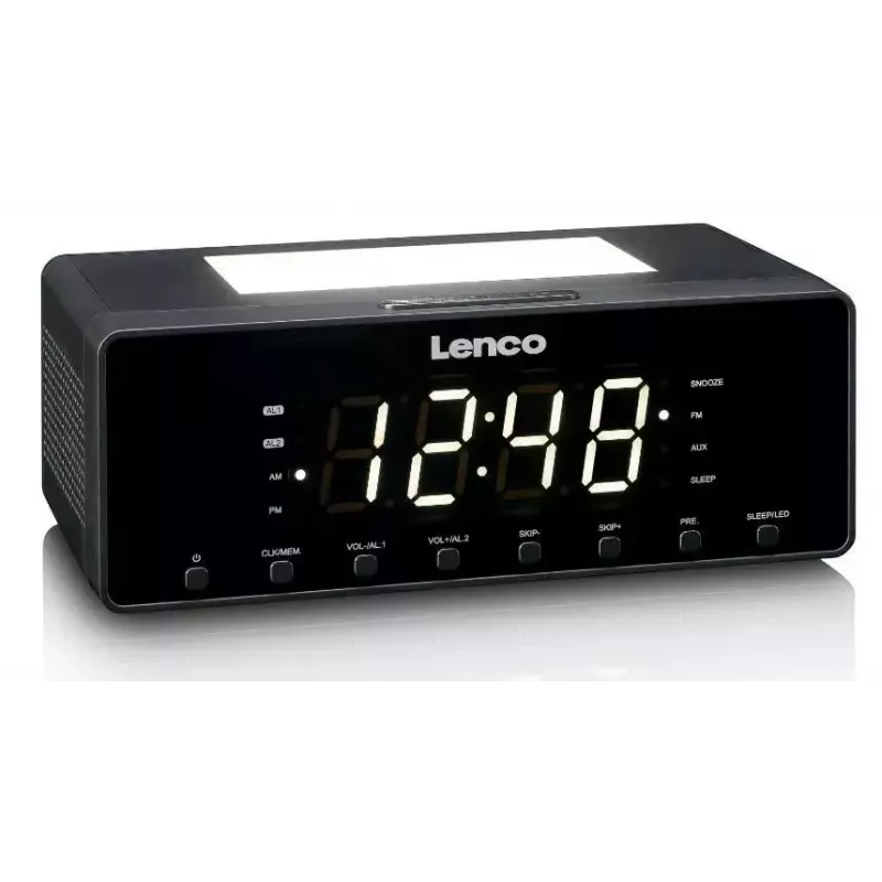 Laikrodinis radijo imtuvas Lenco CR540BK – FM žadintuvas, 1,2 colio LED ekranas, pritemdomas naktinis apšvietimas, USB įkrovimas, stereofoniniai garsiakalbiai