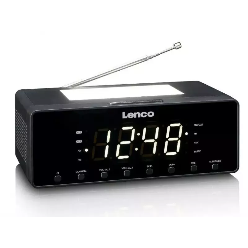Laikrodinis radijo imtuvas Lenco CR540BK – FM žadintuvas, 1,2 colio LED ekranas, pritemdomas naktinis apšvietimas, USB įkrovimas, stereofoniniai garsiakalbiai