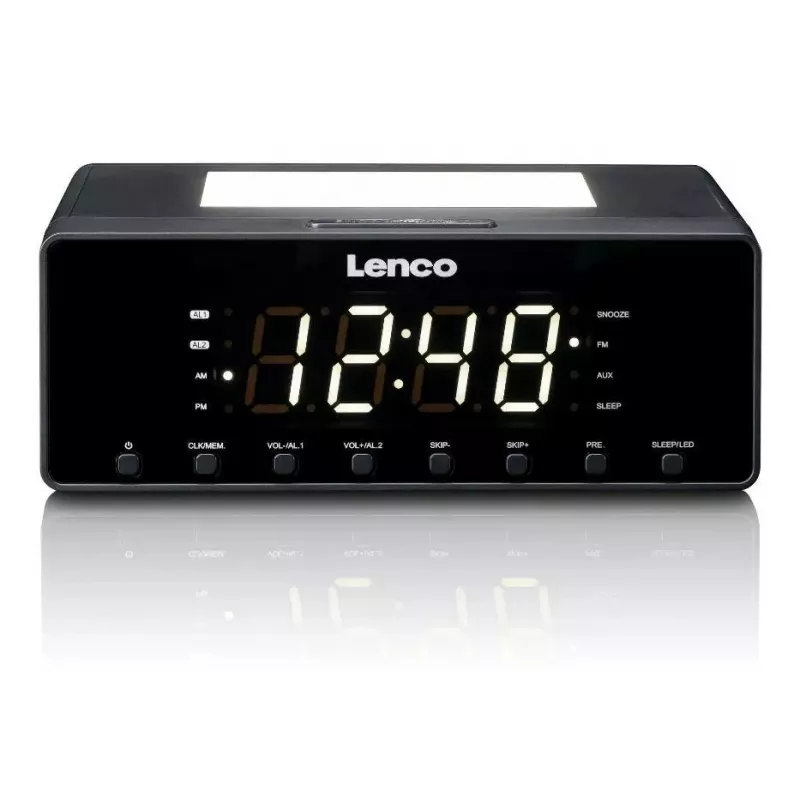 Laikrodinis radijo imtuvas Lenco CR540BK – FM žadintuvas, 1,2 colio LED ekranas, pritemdomas naktinis apšvietimas, USB įkrovimas, stereofoniniai garsiakalbiai
