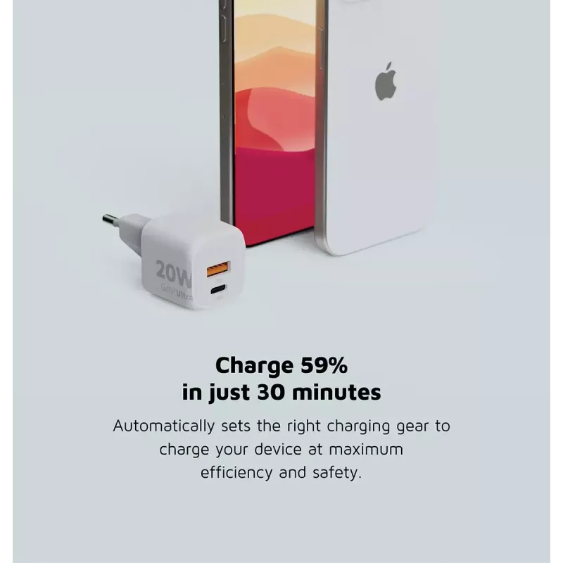 Sieninis įkroviklis Xtorm 20W GaN² Ultra — 20 W, USB-C, vidaus, baltas