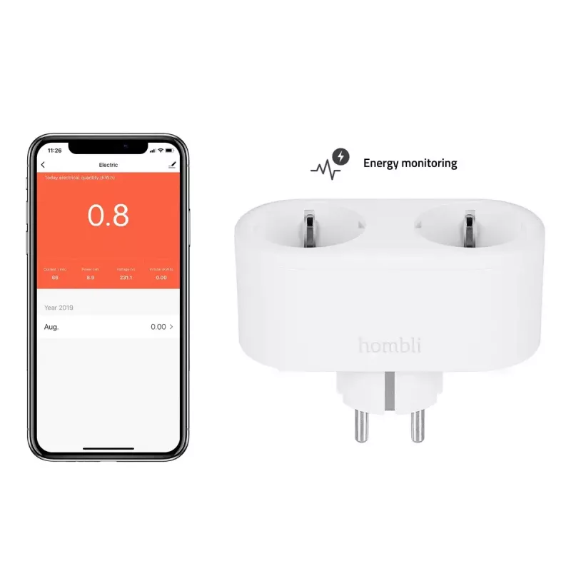 Išmanusis kištukas Avanca International BV Hombli Smart Socket Duo EU — Wi‑Fi, 220–250 V, 50–60 Hz, 3540 W, vidaus, balta