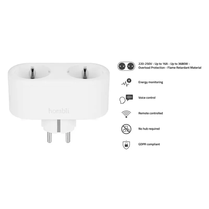 Išmanusis kištukas Avanca International BV Hombli Smart Socket Duo EU — Wi‑Fi, 220–250 V, 50–60 Hz, 3540 W, vidaus, balta