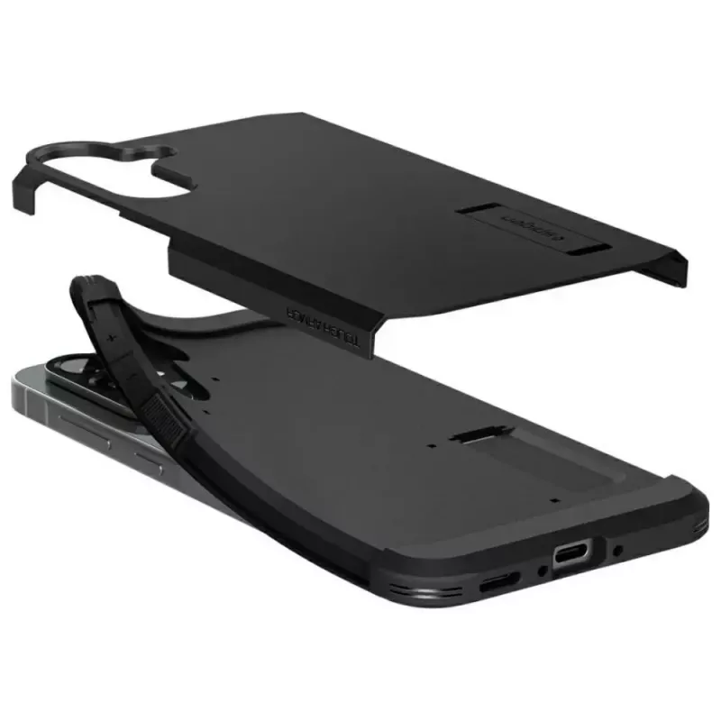 Spigen Tough Armor dėklas Samsung Galaxy A56 5G — juodas, dvisluoksnis apsauginis dangtelis