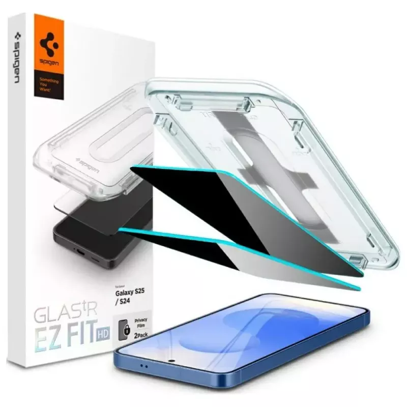 Grūdinto privatumo stiklo ekrano apsauga Spigen Glas.TR EZ FIT HD, skirta Samsung Galaxy S24/S25 — 2 vnt.