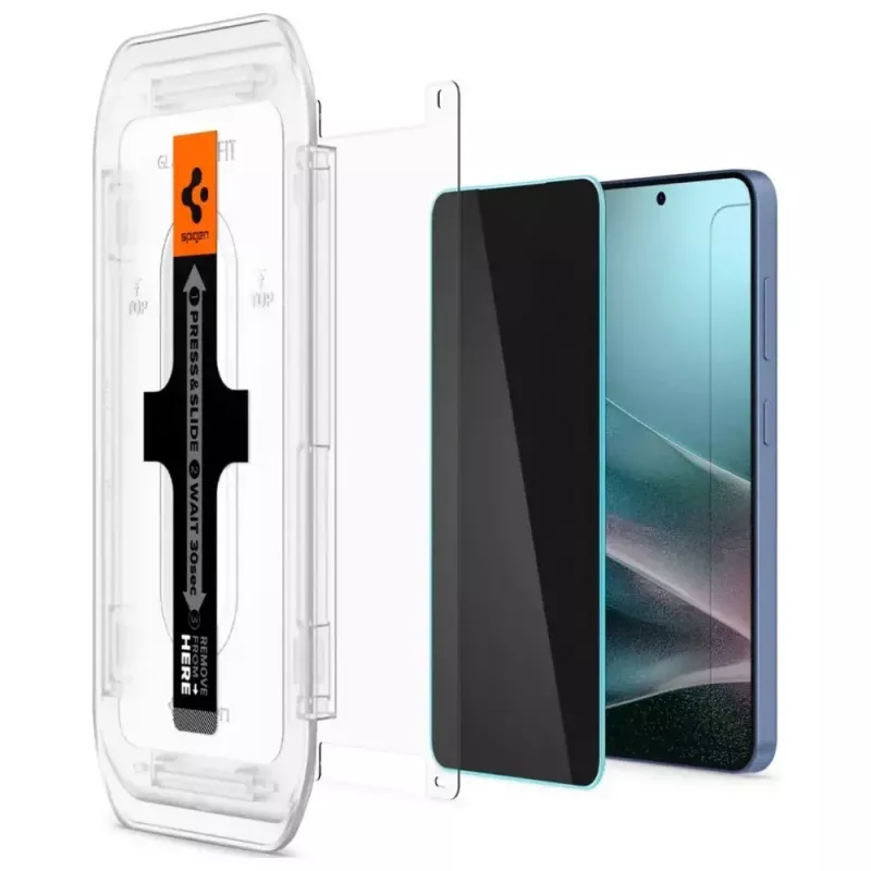 Grūdinto privatumo stiklo ekrano apsauga Spigen Glas.TR EZ FIT HD, skirta Samsung Galaxy S24/S25 — 2 vnt.