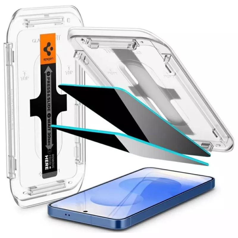 Grūdinto privatumo stiklo ekrano apsauga Spigen Glas.TR EZ FIT HD, skirta Samsung Galaxy S24/S25 — 2 vnt.