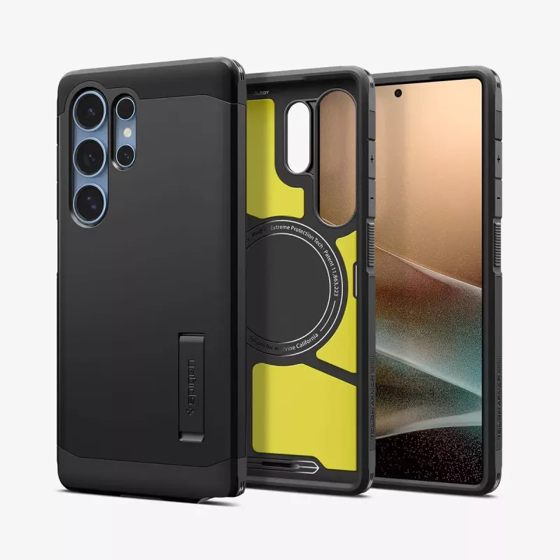 Dėklas Spigen Galaxy S25 Ultra Tough Armor AI juodas su stalu stovu