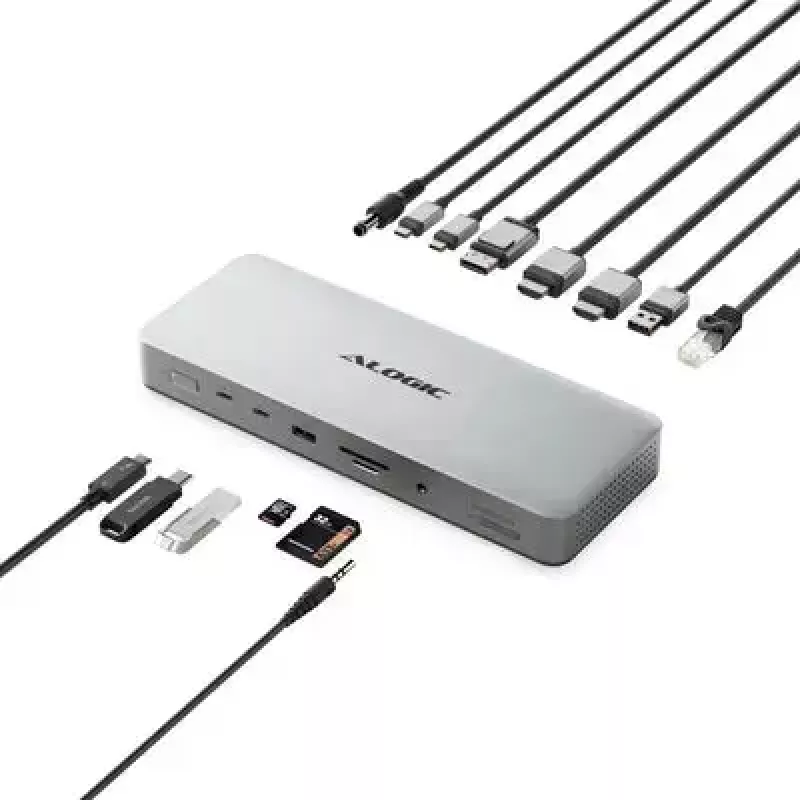 Nešiojamojo kompiuterio dokas / prievadų replikatorius ALOGIC TB4DU4 — laidinis Thunderbolt, 96W, SD/MicroSD skaitytuvas, 3,5 mm, aliuminis/ABS