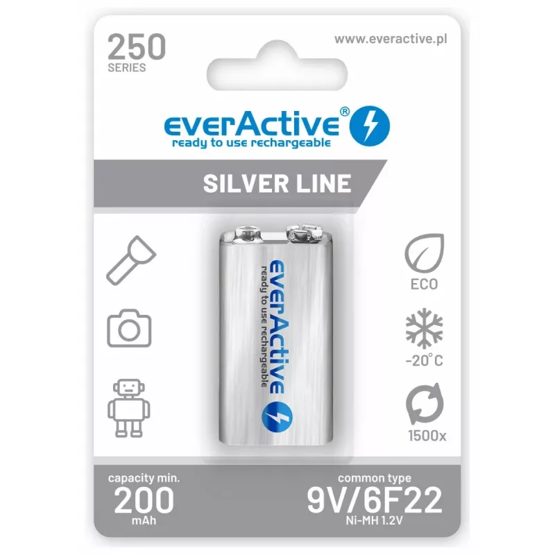 Įkraunamos baterijos everActive Ni-MH 6F22 9V 250 mAh Sidabrinė Line