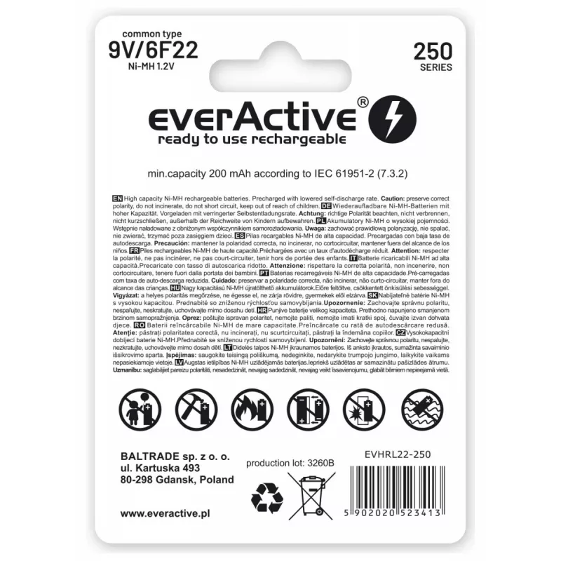Įkraunamos baterijos everActive Ni-MH 6F22 9V 250 mAh Sidabrinė Line