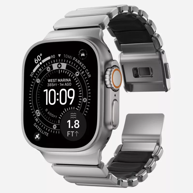NOMAD Stratos Band - titaninis dirželis, skirtas Apple Watch 49mm su FKM (natūralus titanas, juodas FKM)