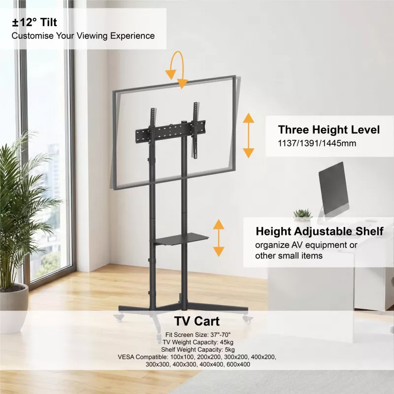 GEMBIRD mobilus TV stovas ant ratukų su pasvirimo reguliavimu 37–70 colių