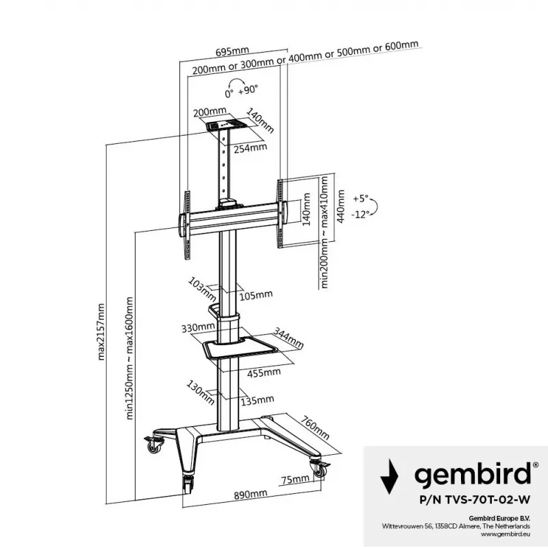 TV priedas grindų stovas 37-70/WHITE TVS-70T-02-W Gembird