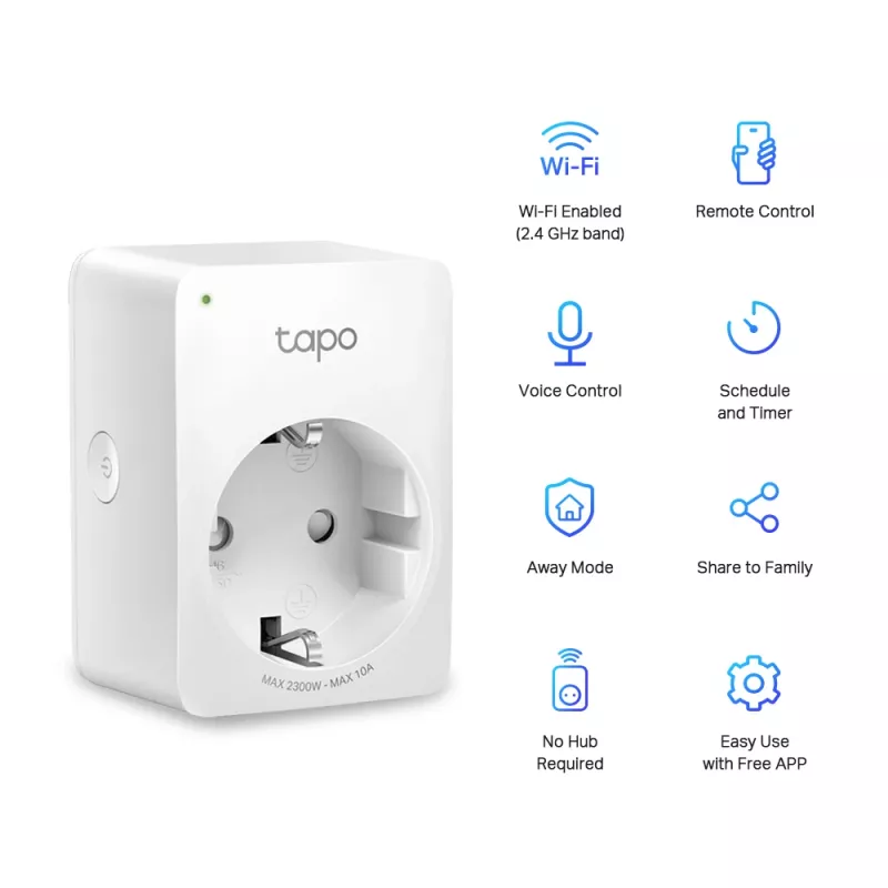 TP-Link Tapo Mini išmanusis Wi-Fi kištukinis lizdas, skirtas naudoti patalpose, baltas, namams, polikarbonatas (PC), būsenos indikatorius, CE, RoHS