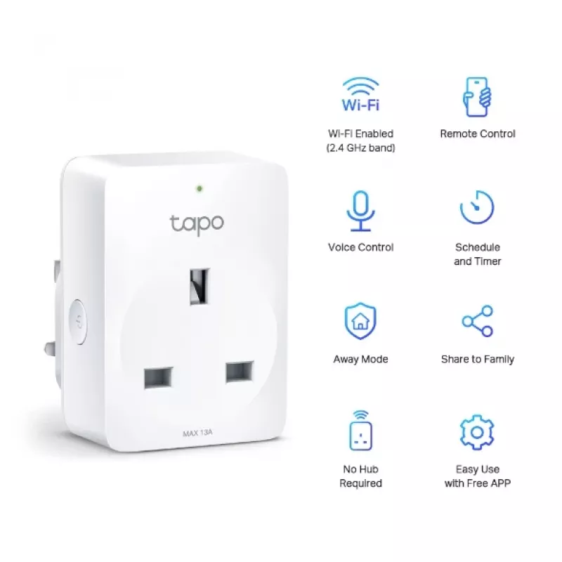 TP-Link Tapo Mini išmanusis Wi-Fi kištukinis lizdas, skirtas naudoti patalpose, baltas, namams, polikarbonatas (PC), būsenos indikatorius, CE, RoHS
