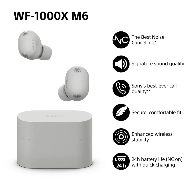 Sony WF1000XM6S.CE7 belaidės į ausis įdedamos ausinės skambučiams / muzikai, Bluetooth, sidabrinės