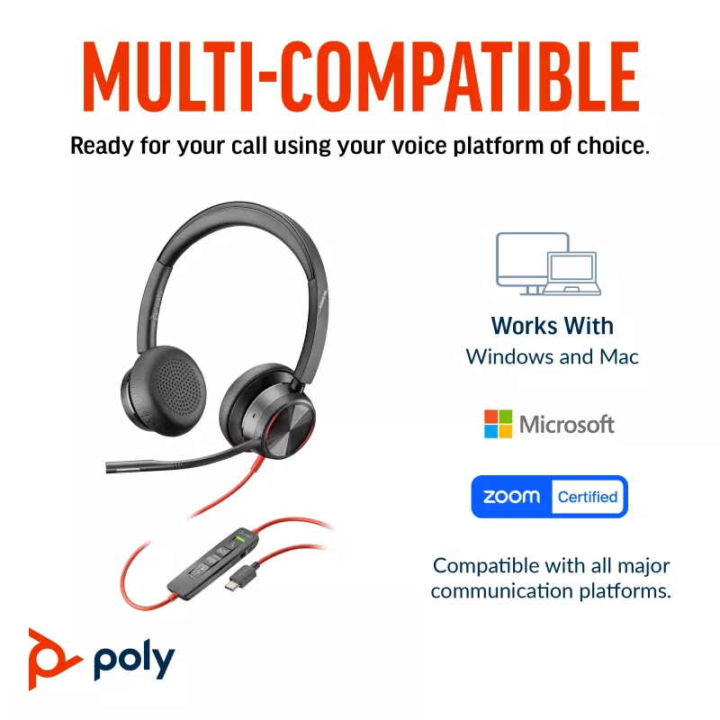 HP Poly Juodawire 8225 Stereo USB-C Headset +USB-C/A Adapter