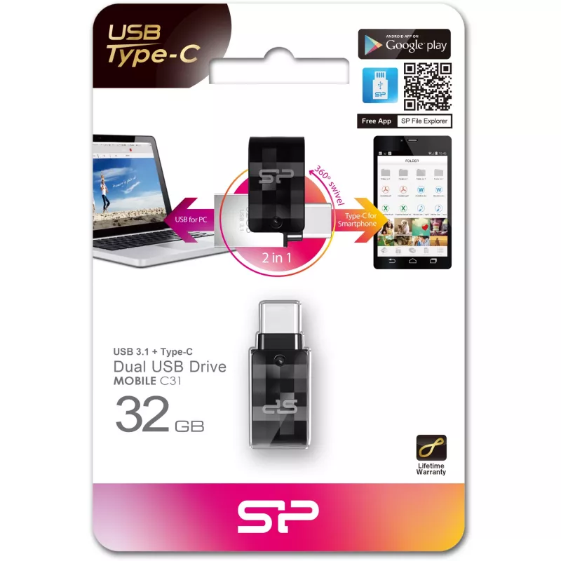 Silicon Power Mobile C31 - 32 GB - USB 3.0 (3.1 Gen 1) - Type-A/Type-C - Mac OS X 10.10 Yosemite - Mac OS X 10.11 El Capitan - Mac OS X 10.12 Sierra - Mac OS X 10.3 Panther,... - A