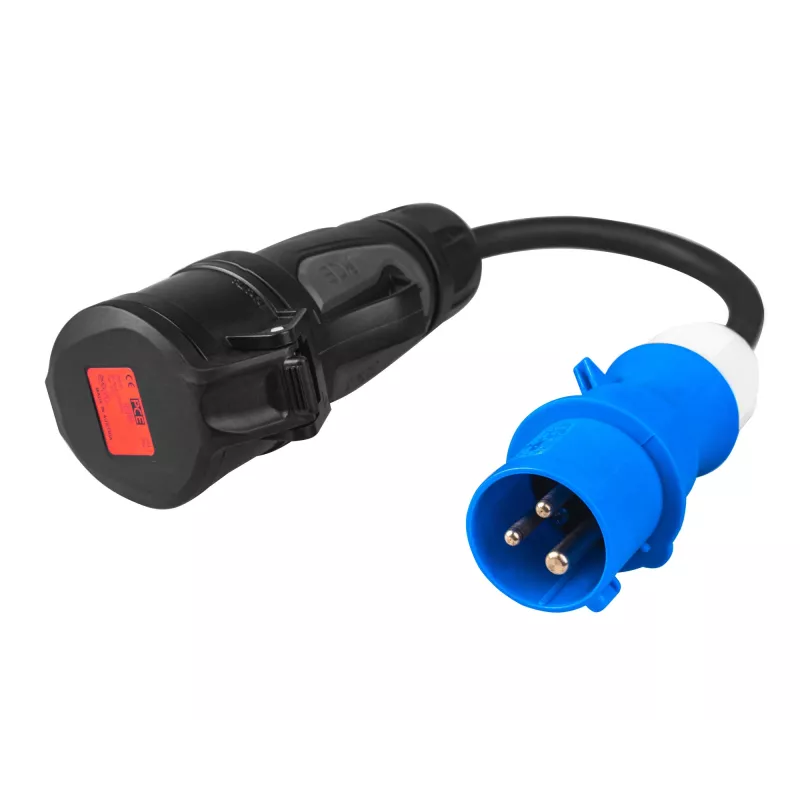 Adapteris iš raudonos 16A 400V CEE movos 5 polių lizdo į mėlyną 16A 230V CEE 3P