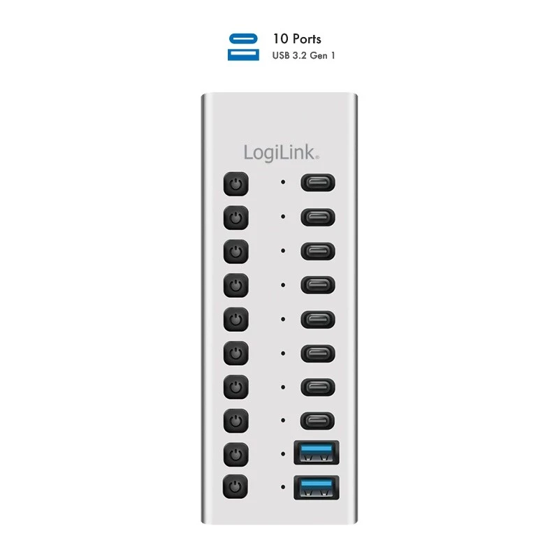 Hub USB3.2 Gen1 10 prievadų USB-A/C, įjungimo/išjungimo jungiklis