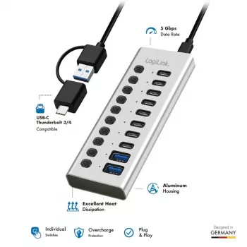 Hub USB3.2 Gen1 10 prievadų USB-A/C, įjungimo/išjungimo jungiklis