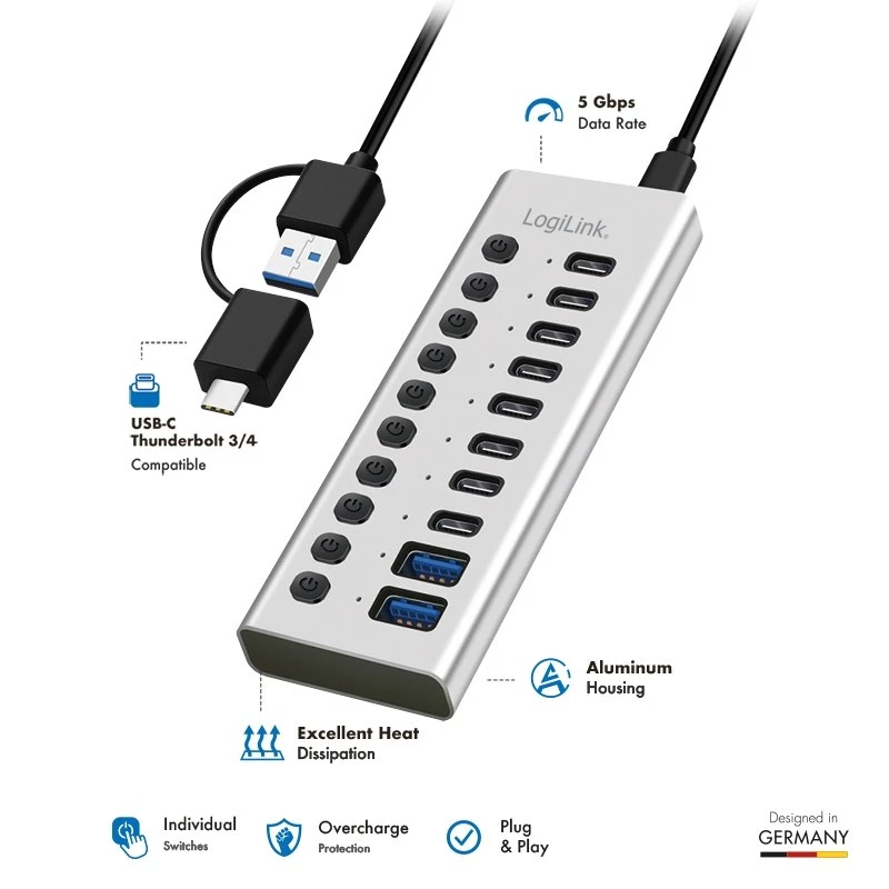 Hub USB3.2 Gen1 10 prievadų USB-A/C, įjungimo/išjungimo jungiklis