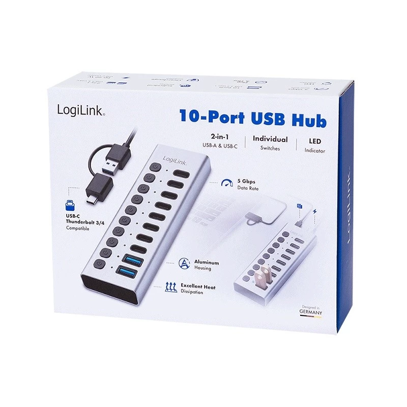 Hub USB3.2 Gen1 10 prievadų USB-A/C, įjungimo/išjungimo jungiklis