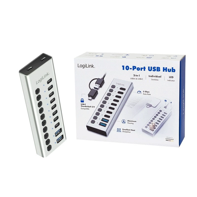 Hub USB3.2 Gen1 10 prievadų USB-A/C, įjungimo/išjungimo jungiklis