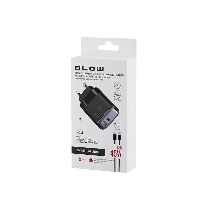 Sieninis įkroviklis USB-A USB-C PD 45W + kabelis
