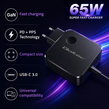 GaN 65W įkroviklis USB C PD PPS 5V 21V 3A 3.25A