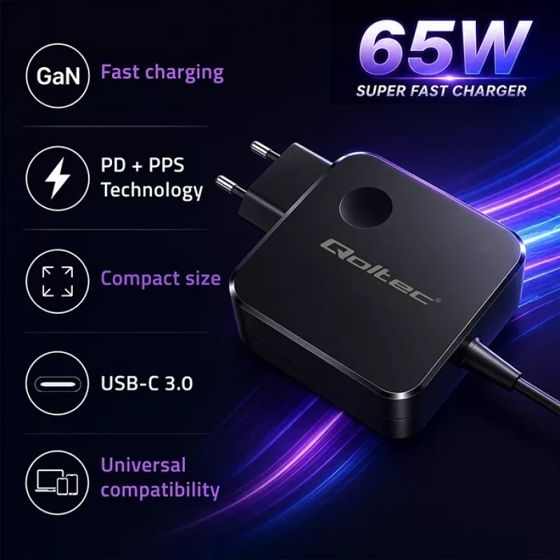 GaN 65W įkroviklis USB C PD PPS 5V 21V 3A 3.25A
