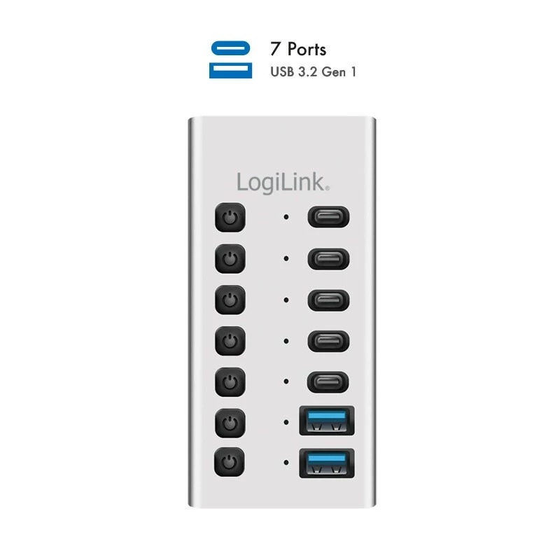 Hub USb3.2 Gen1 7 prievadų USB-A/C, įjungimo/išjungimo jungiklis