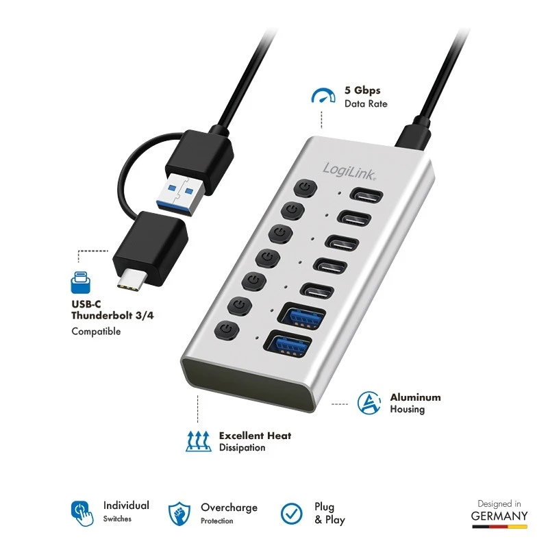 Hub USb3.2 Gen1 7 prievadų USB-A/C, įjungimo/išjungimo jungiklis