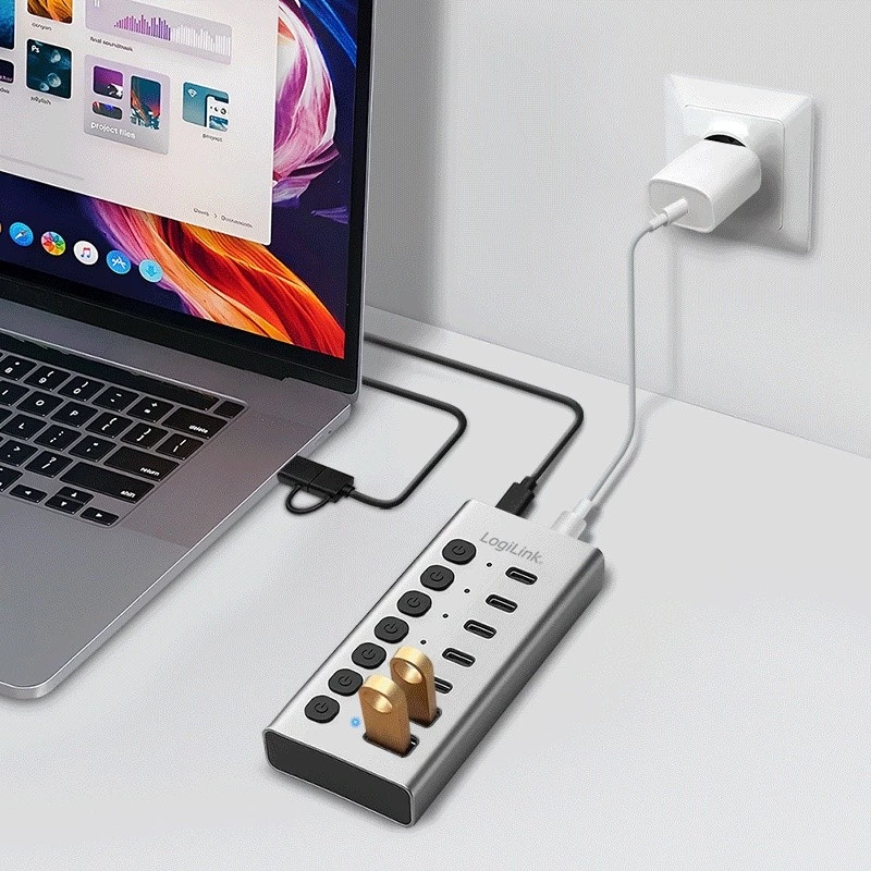 Hub USb3.2 Gen1 7 prievadų USB-A/C, įjungimo/išjungimo jungiklis
