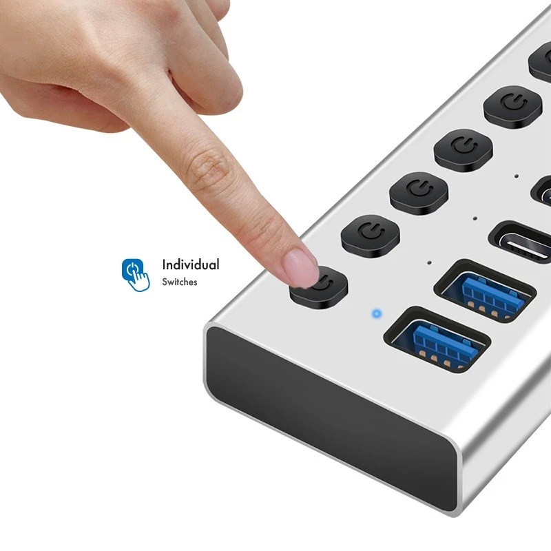 Hub USb3.2 Gen1 7 prievadų USB-A/C, įjungimo/išjungimo jungiklis